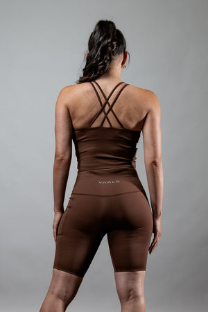Women’s Soho cross-back crop tank top in City Mocha by Hot Trend Vault, featuring built-in support and a stylish cross-back design.