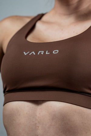 Women’s SOHO Cross Back Sports Bra in City Mocha by Hot Trend Vault, featuring breathable fabric and supportive design.