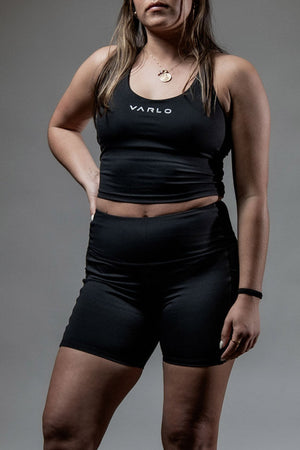 Women's Soho 5-inch inseam fitness shorts by Hot Trend Vault in breathable black fabric, shown on a model.