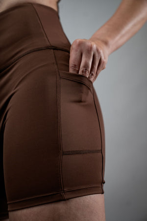 Women’s SOHO 5-inch inseam fitness shorts in city mocha, from Hot Trend Vault, featuring a comfortable athletic fit.