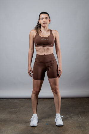 Women’s Hot Trend Vault SOHO 5-inch inseam fitness shorts in city mocha, showing the fitted style and casual athletic design.