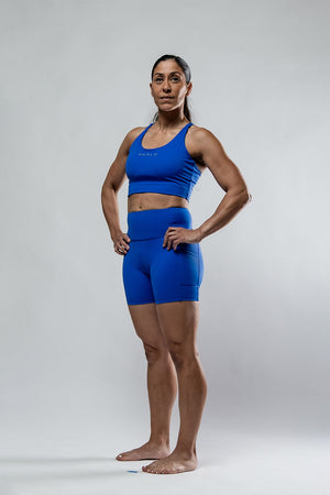 Women’s Neo Blue SOHO 5-inch inseam fitness shorts by Hot Trend Vault, featuring a comfortable stretch fit and athletic design.