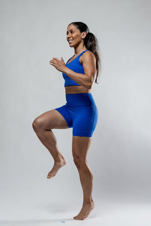 Women’s Neo Blue SOHO 5-inch inseam fitness shorts by Hot Trend Vault, featuring a comfortable stretch fit and stylish design.