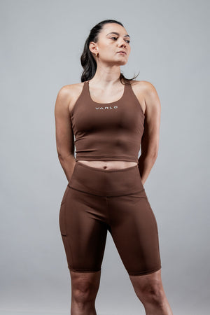 Women’s SOHO Fitness Shorts by Hot Trend Vault, 8-inch inseam, city mocha color, performance activewear shorts for women.