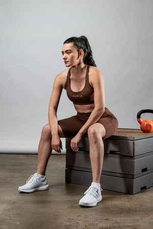 Women’s SOHO Fitness Shorts by Hot Trend Vault in city mocha, 8-inch length, performance activewear for active women.
