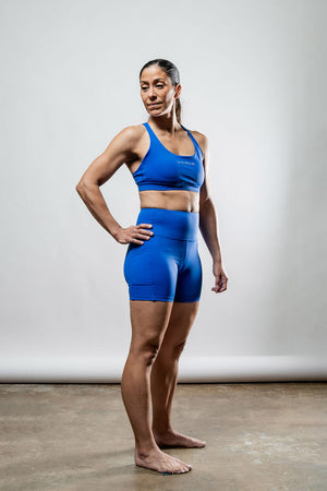 Women's Neo Blue Soho Cross Back Sports Bra from Hot Trend Vault, breathable and supportive for active wear.
