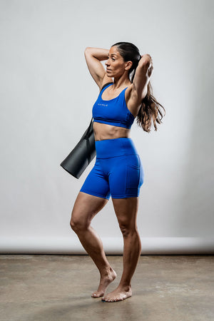 Women’s Neo Blue Hot Trend Vault Soho cross back sports bra, breathable and supportive for active wear.