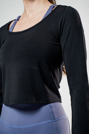Black Women's Terra Recovery Arc Long Sleeve Crop Top T-shirt by Hot Trend Vault, showcasing a fitted crop top with arc design.