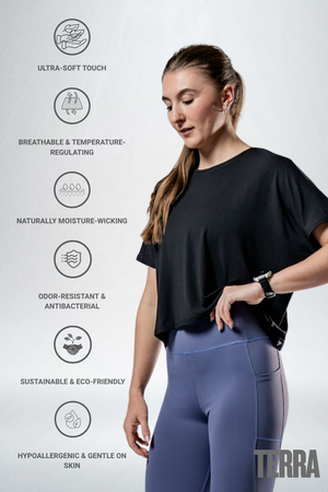 Black Womens Terra Recovery Drift Crop T-Shirt by Hot Trend Vault, relaxed fit athleisure style, casual and comfortable.