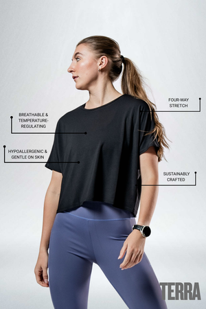 Black women's Terra Recovery Drift crop T-shirt by Hot Trend Vault, relaxed fit, casual athleisure style.