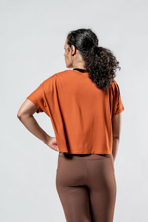 Women's Terra Recovery Drift Crop T-Shirt in Sunfire Clay with relaxed silhouette by Hot Trend Vault.