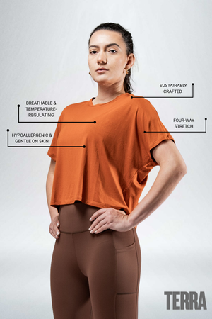 Women's Terra Recovery Drift Crop T-Shirt in Sunfire Clay by Hot Trend Vault, featuring a relaxed silhouette and casual fit.