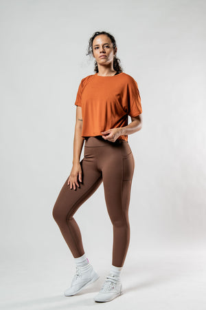 Women's Terra Recovery Drift Crop T-Shirt in Sunfire Clay by Hot Trend Vault, relaxed fit, soft fabric, casual style.