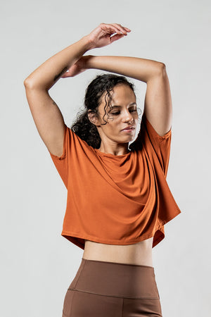 Women's Terra Recovery Drift Crop T-Shirt in Sunfire Clay by Hot Trend Vault, relaxed fit with a stylish silhouette.