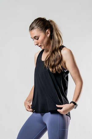 Women's black Terra Recovery Halo Tank top by Hot Trend Vault, designed for light post-workout recovery and comfort.