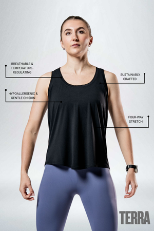Women's black Terra Recovery Halo Tank top from Hot Trend Vault, designed for post-workout light recovery and comfort.
