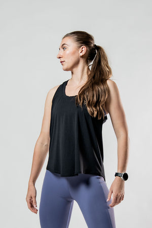 Women's black Terra Recovery Halo Tank top by Hot Trend Vault, a light post-workout recovery tank for women.