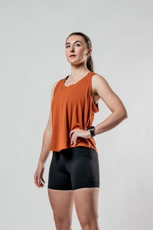 Women’s Terra Halo Recovery Tank Top in Sunfire Clay, breathable and lightweight, by Hot Trend Vault.