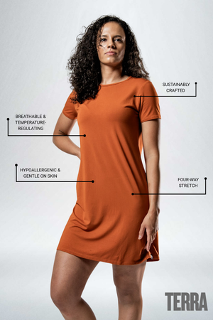 Women's Terra Recovery Motion Dress in Sunfire Clay by Hot Trend Vault, lightweight and comfortable for everyday wear.