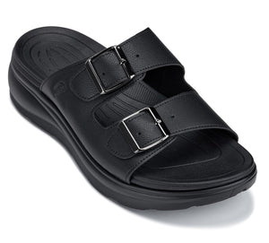 Black Calto X1660 sandals by Hot Trend Vault with dual buckles, designed to add 2 inches of height, shown from front view.