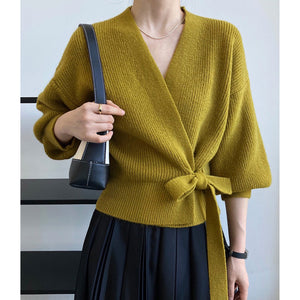 French retro knitted women's cardigan top with V-neck, tie detail, loose fit, handmade sweater by Hot Trend Vault.