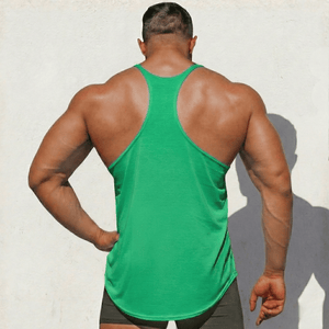Black Original Stringer Tank Top by Physique Bodyware from Hot Trend Vault, made in the USA, displayed on a hanger.