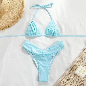 Women's two-piece bikini swimsuit set by Hot Trend Vault featuring a split design, perfect for summer beachwear in nylon spandex fabric.