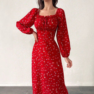 Red resort style belted maxi dress for women by Hot Trend Vault featuring high waist, slim fit, long sleeves, and elegant design.