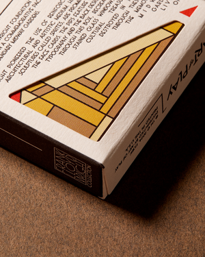 Frank Lloyd Wright Midway Gardens commemorative playing cards by Art of Play, featuring vibrant designs on standard playing card backs.