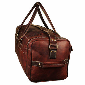 Genuine vintage goat leather weekender duffle bag with four exterior pockets, stylish and durable travel accessory by Hot Trend Vault.
