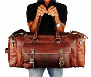 Vintage goat leather weekender duffle bag with four exterior pockets, stylish and durable travel accessory by Hot Trend Vault.