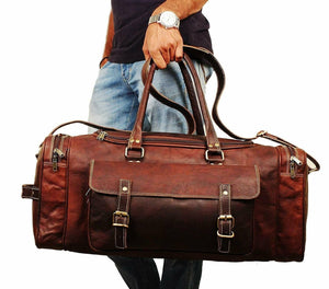 Hot Trend Vault goat leather weekender duffel bag with four exterior pockets, vintage travel style and durable craftsmanship.