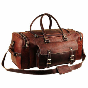 Genuine goat leather weekender duffel bag with four exterior pockets, stylish vintage travel duffle by Hot Trend Vault