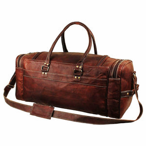 Genuine vintage goat leather weekender duffel bag with four exterior pockets, ideal for travel and stylish storage.