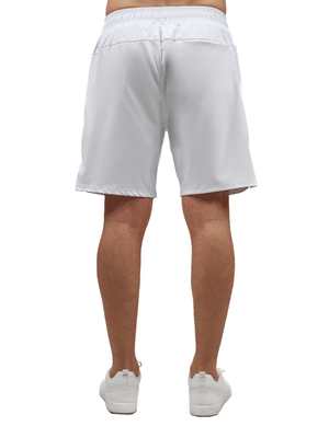 Men's tennis shorts by Hot Trend Vault, white Spin Shorts with pockets and UV protection, designed for active sports wear.