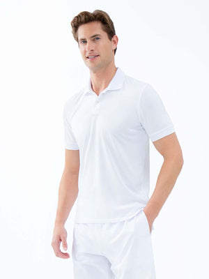 White men's tennis polo shirt with rib collar from Hot Trend Vault, designed for performance and classic style.