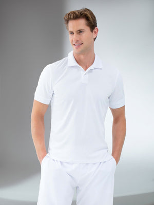 White men's tennis polo shirt with rib collar from Hot Trend Vault, designed for performance and classic style.
