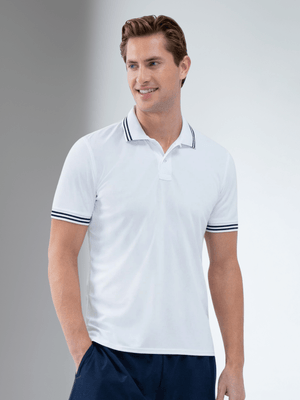 Men's white and midnight performance tennis polo with ribbed collar by Hot Trend Vault, ideal for athletic and casual wear.