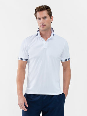 Men's white midnight tennis polo shirt with classic rib collar by Hot Trend Vault, designed for performance and style.