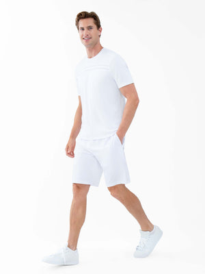 Men's white tennis shirt by Hot Trend Vault, performance short sleeve crew neck top for tournament play.