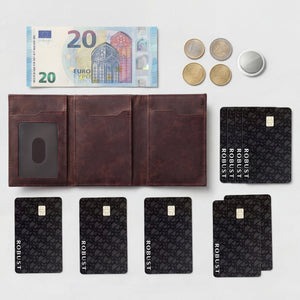 Full-grain vegetable tanned leather wallet with RFID blocking and popup card feature, showcasing sleek design and premium craftsmanship.