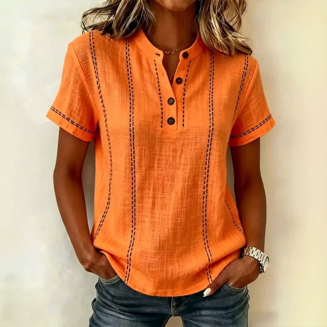 Hot Trend Vault women's summer striped short sleeve blouse with stand collar, V-neck, and button front, casual and stylish.