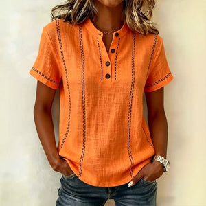 Hot Trend Vault women's summer striped short sleeve blouse with stand collar, V-neck, and button front, casual and stylish.