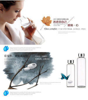 Glass Water Bottle with Stainless Steel Lid and Protective Bag, Sport Bottle, BPA Free, Travel Drink Bottle 360ml, 420 ml, 550ml