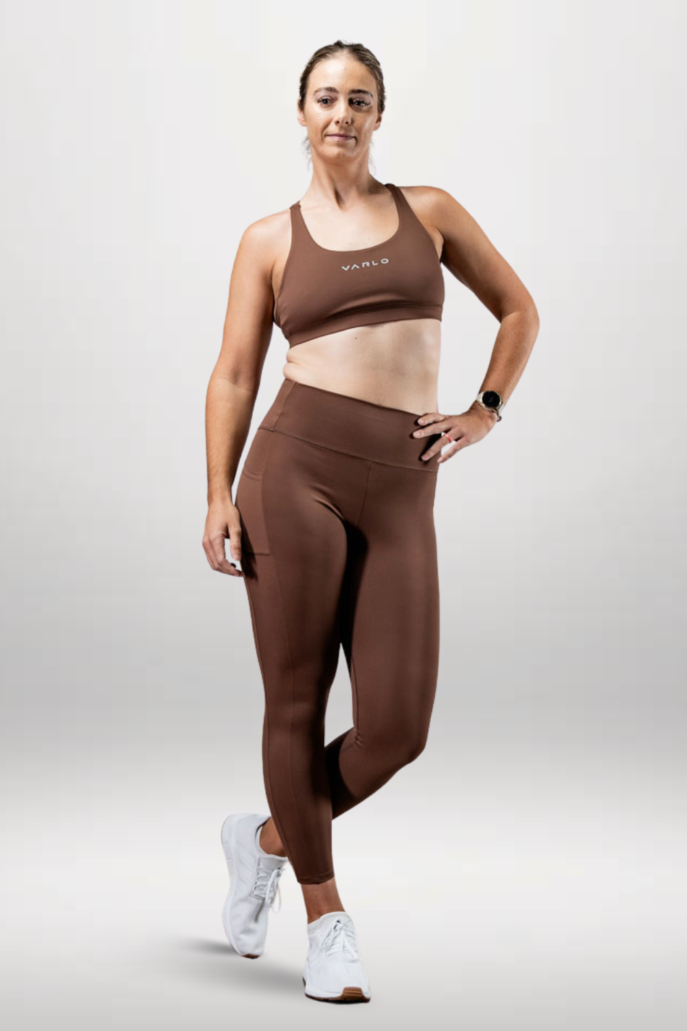 Women's Soho high waist leggings by Varlo in city mocha color, full length with a snug fit and comfortable waistband.