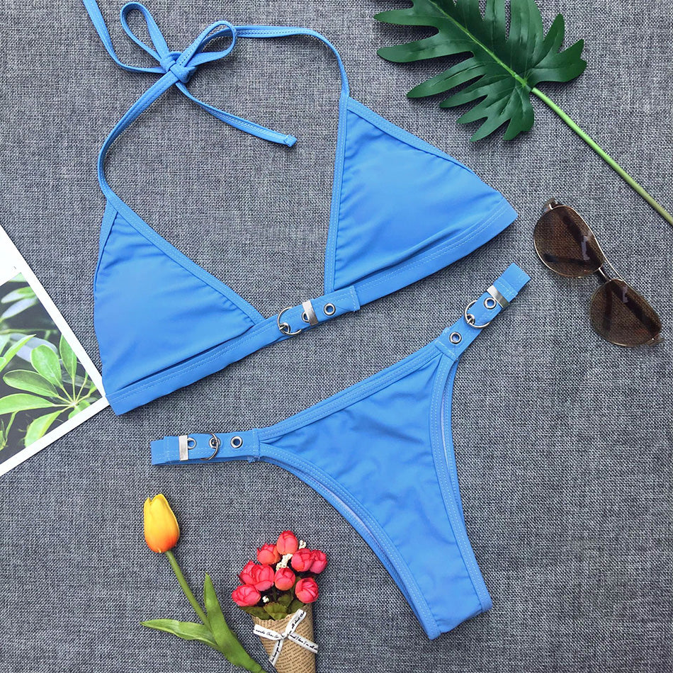 Black adjustable thong bikini set for women with padded chest, Brazilian style, by Hot Trend Vault, suitable for swimwear and beachwear.