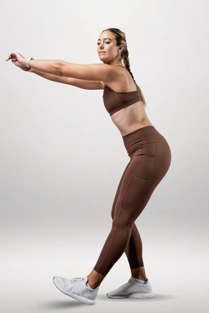 Women's Soho high waist leggings by Varlo in city mocha, full length, stretchy fabric, shown on a model.