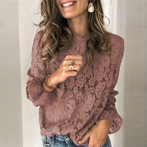 Women's loose fit hollow lace shirt from Hot Trend Vault, street style, medium length, casual women's clothing, detailed lace design.