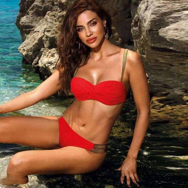 Solid color bandeau bikini set with mid waist and gathered cups for women, hot pink, from Hot Trend Vault.