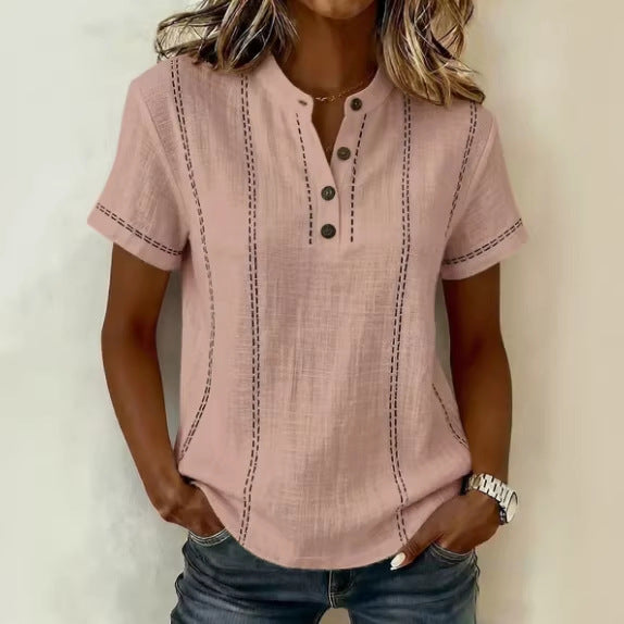 Hot Trend Vault women's summer striped short sleeve blouse with stand collar, V-neck, and button detail, casual and stylish.